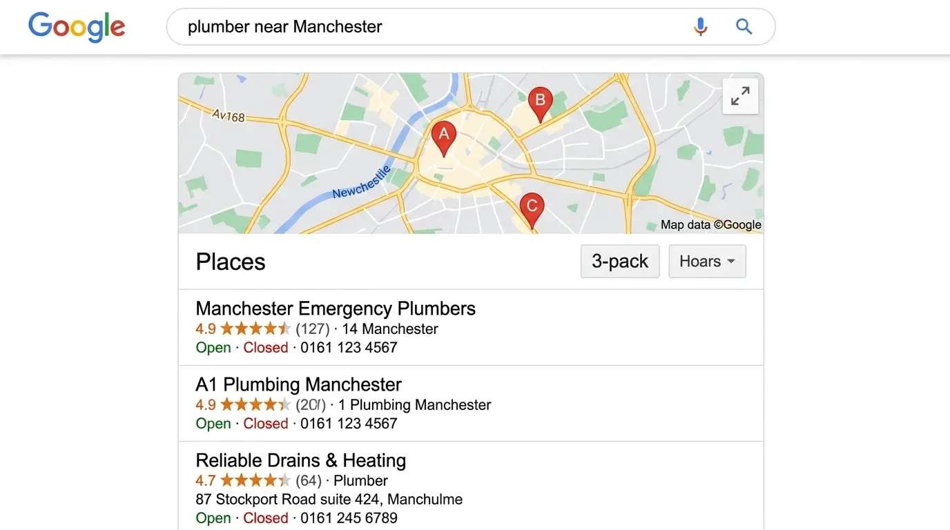 Google Maps local search results — 3-pack showing UK business listings with star ratings