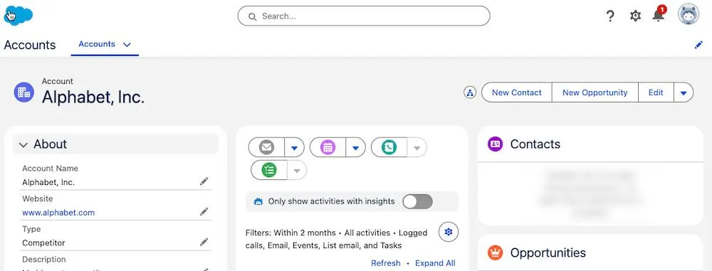 Salesforce Sales Cloud opportunity pipeline with UK B2B deals and deal stages